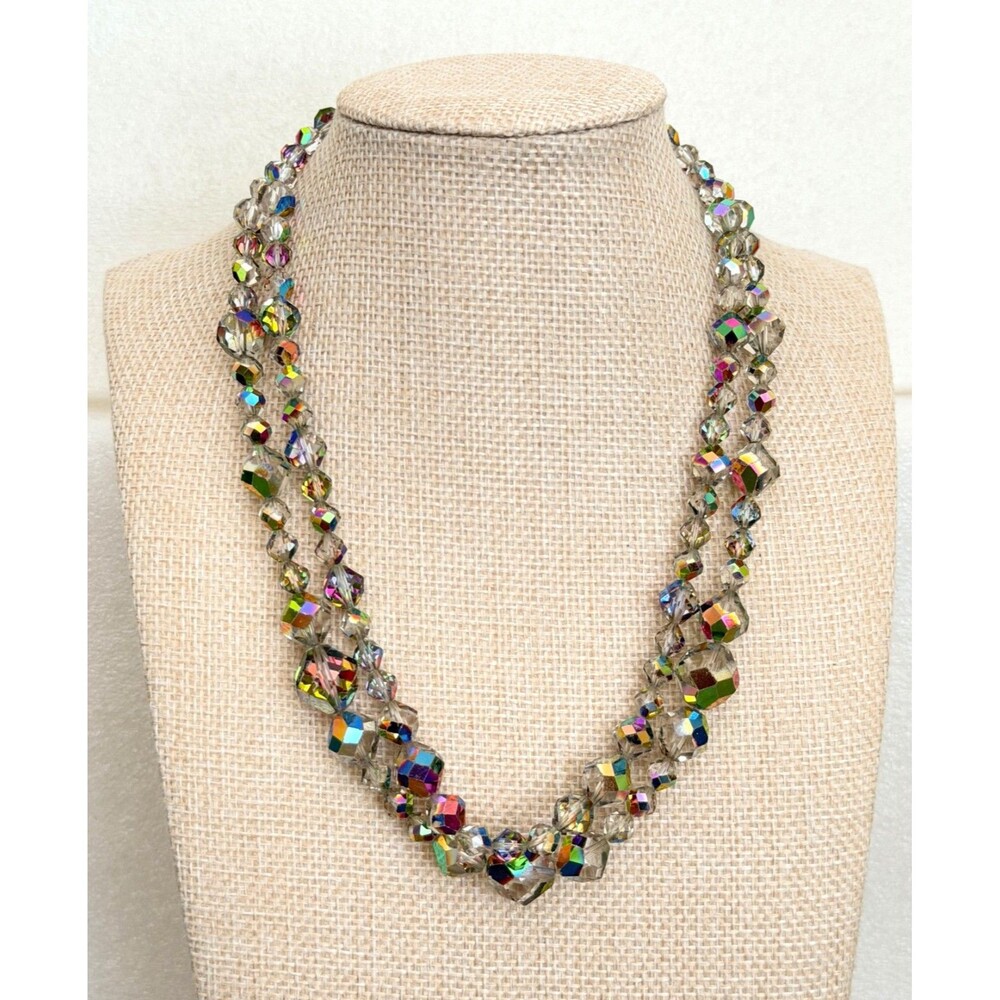 Vintage Aurora Borealis Crystal Bead Strand Layered Statement Necklace